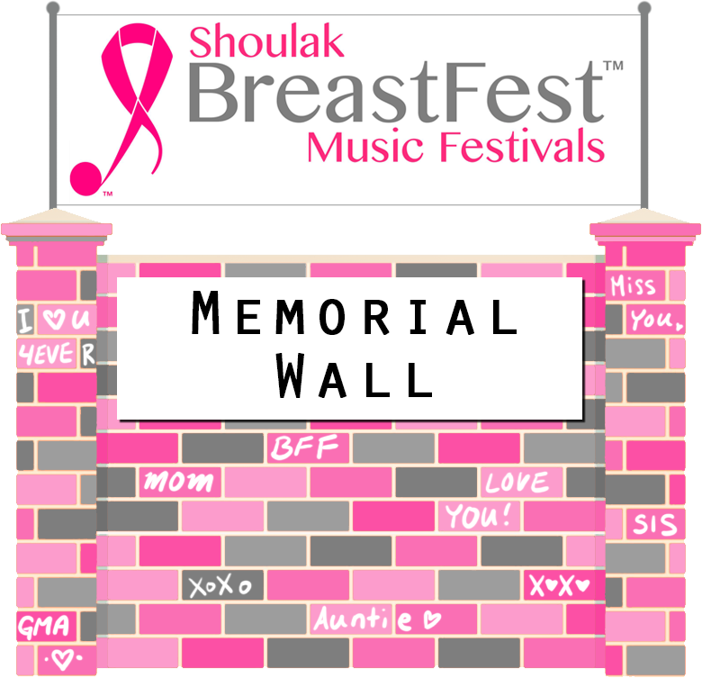 Memorial wall graphic with pink bricks and graffiti expressing messages of love