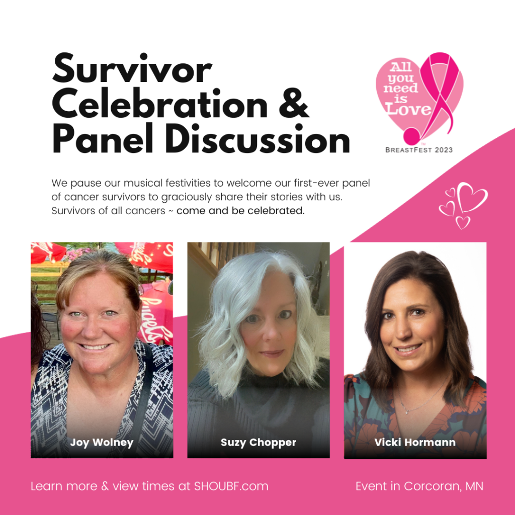 Image of the tree survivors who will speak on our panel today at BreastFest 2023: All You Need is Love